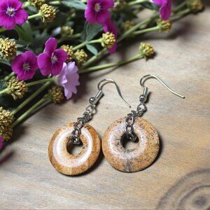 Sandstone Donut Earrings, Silver Curb Chain, Pierced
